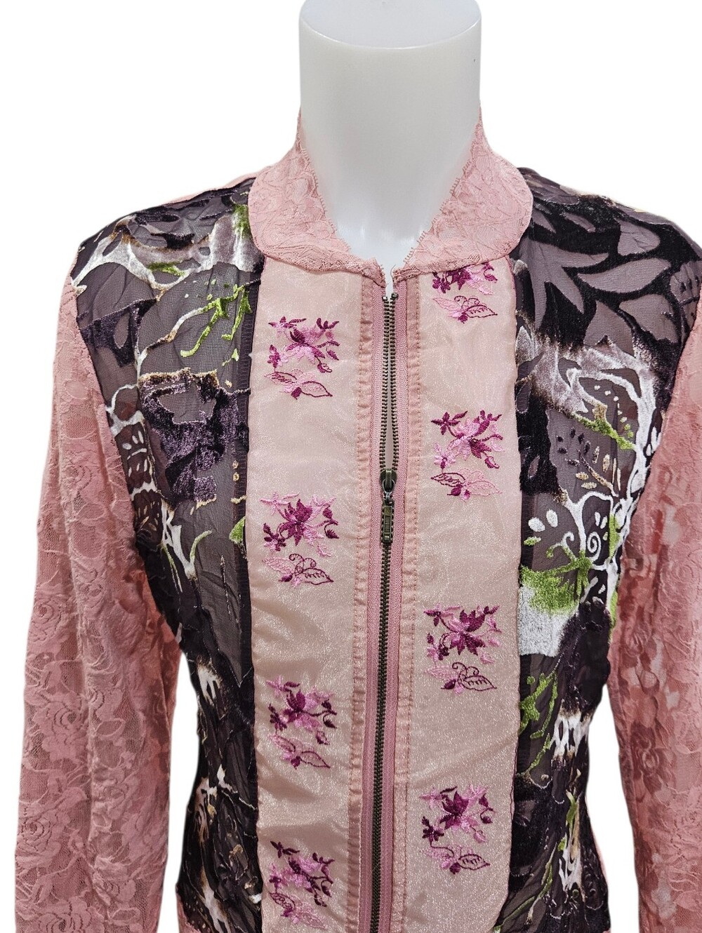 VTG Katie Todd Pink Rose Lace Embroidered Velvet Burn Out Full Zip Cardigan Sz M
